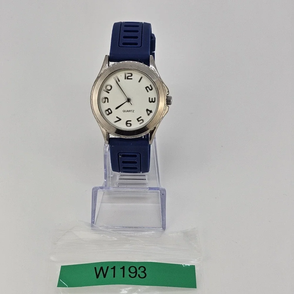 Men's Watch Analog 38MM White Dial Blue Plastic Bands‎ New Battery